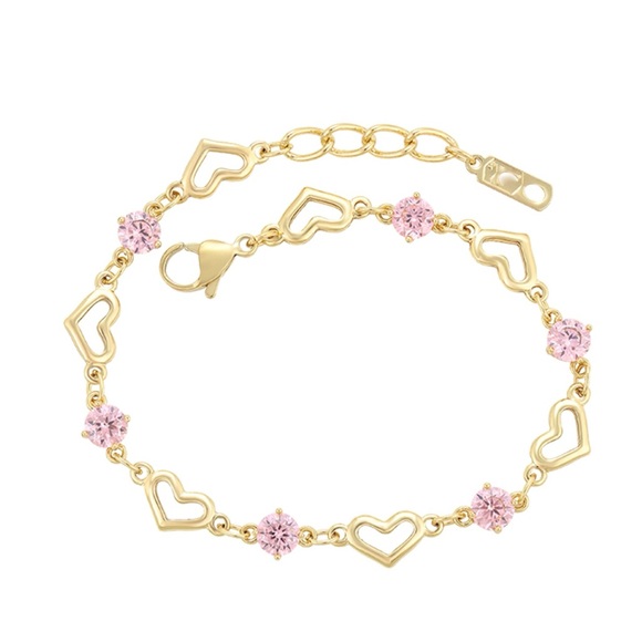 Heart Chain Bracelet CZ Pink Stone 14k Gold Plated - Picture 4 of 11